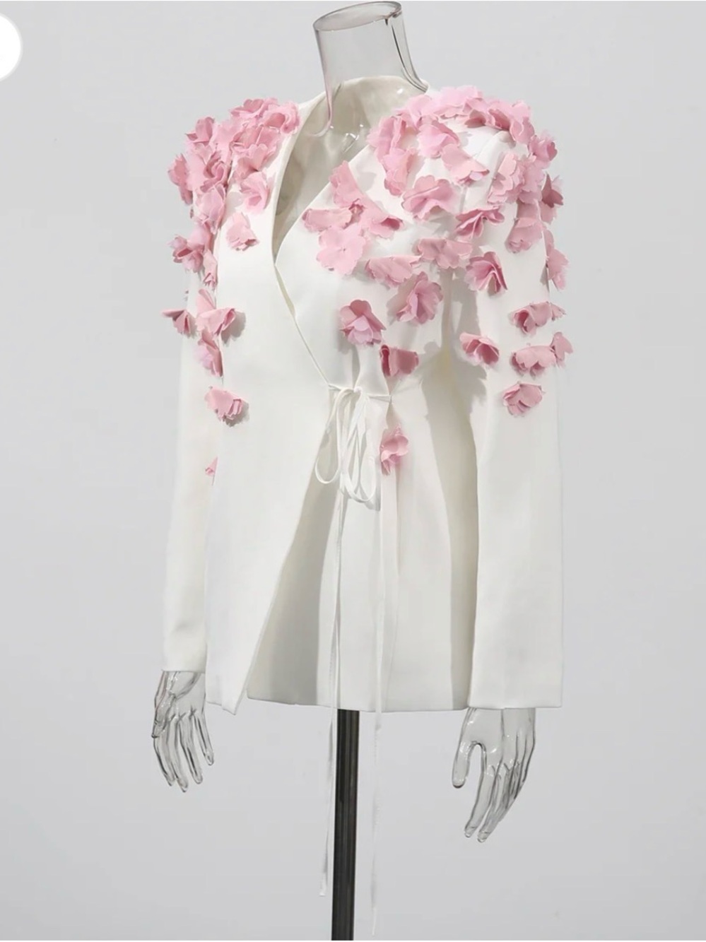 White Women’s Jacket with Pink Floral Appliqué - Elegant Wrap Style - Picture 4 of 6